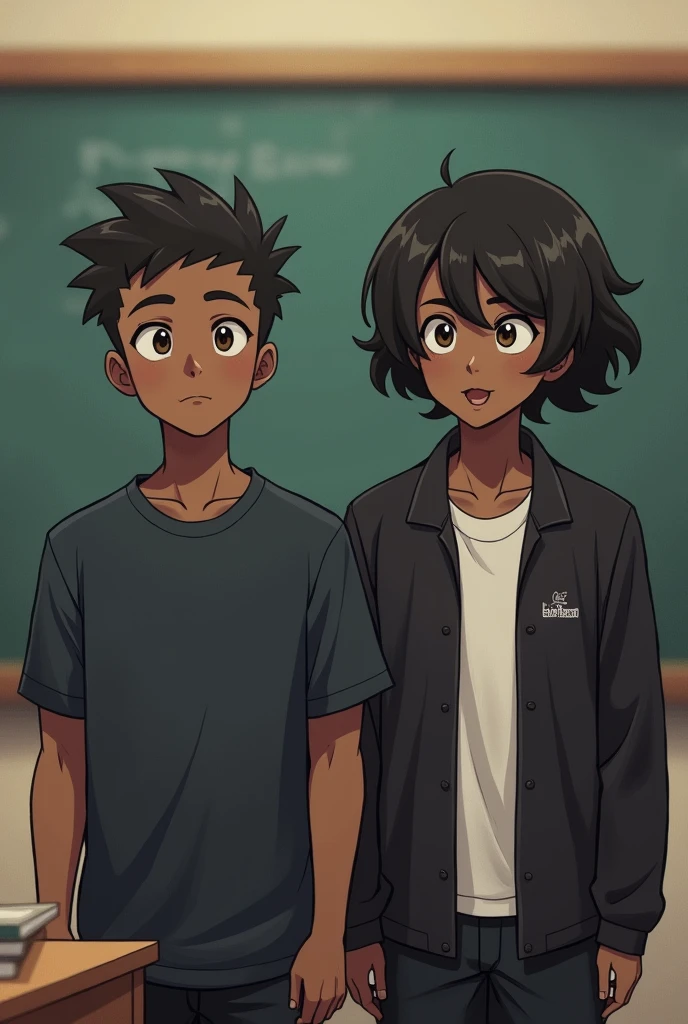 in the background a classroom, Two boys, but a male, half muscular in black, with lighter brown skin, and the other more effeminate with a wig and lipstick, more quietly, not so much, pardo mas not so much porém menos escuro que o outro