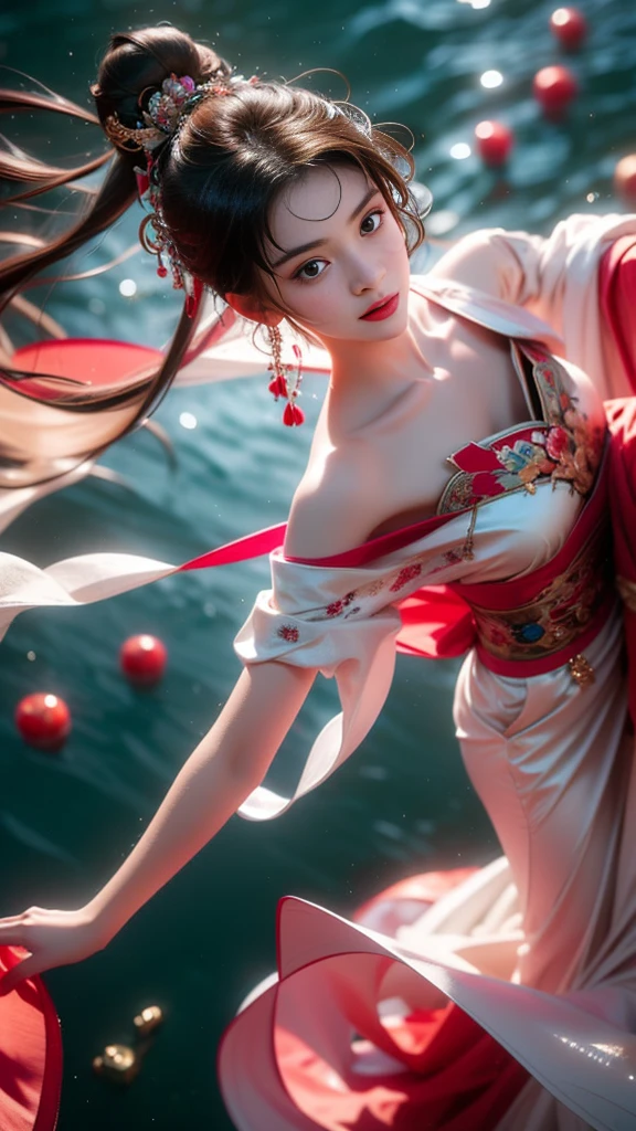 (masterpiece, best quality:1.2), 1 Girl, Solitary, ((gufeng,Bare shoulders)), Warm colors,((whole body)), ((from above)), ((float的,water,float)), Heroine Image,Slender sexy legs,Very beautiful legs,Leaking sexy legs,Large Breasts,beauty, mystery。脸庞beauty精致,Otherworldly beauty。The bridge of the nose is straight,Cherry lip color,Confident and calm。Well-defined facial contours,Skin like jade,Light and delicate makeup,Show her temperament and charm。Light foundation, Skin transparency,Perfect eyebrow shape,Eye Makeup,Eyeshadow,Eyeliner,Brighter eyes、Energetic。涂上grace的口红,Charm and sophistication。衣服grace别致,Clothes fluttering,Blown up by the wind,Drifting away。grace,Swinging action。Hair tied haphazardly behind the head,Secure with a jade hairpin,Strands of hair fluttering gently in the wind,一道beauty的风景线,Attract attention。beauty、grace、mystery