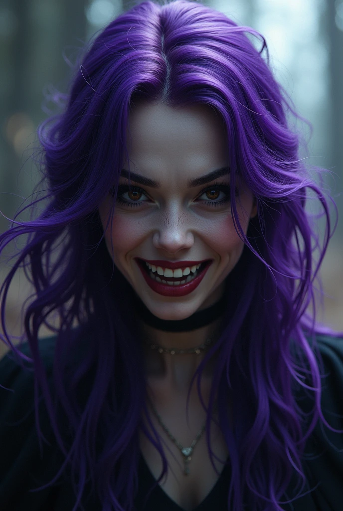 A purple haired girl with an evil smile