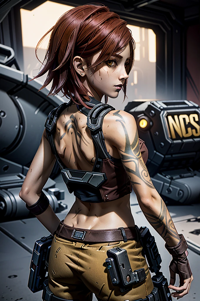 (masterpiece, best quality, cinematic lighting)
LilithBorderlands,  1girl, solo, red hair, yellow eyes, upper body, from behind, looking at viewer
  