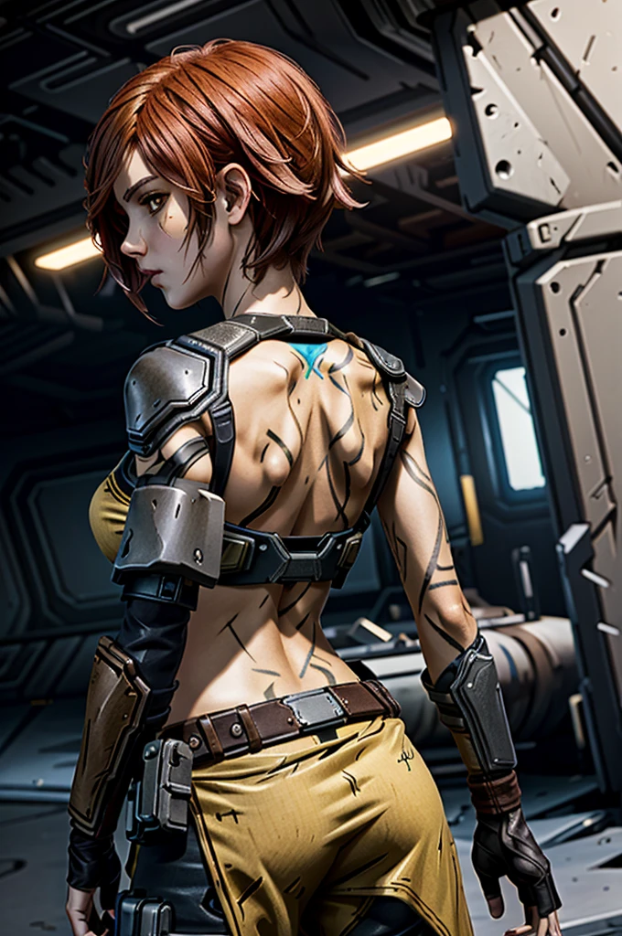 (masterpiece, best quality, cinematic lighting)
LilithBorderlands,  1girl, solo, red hair, yellow eyes, upper body, from behind, looking at viewer
  