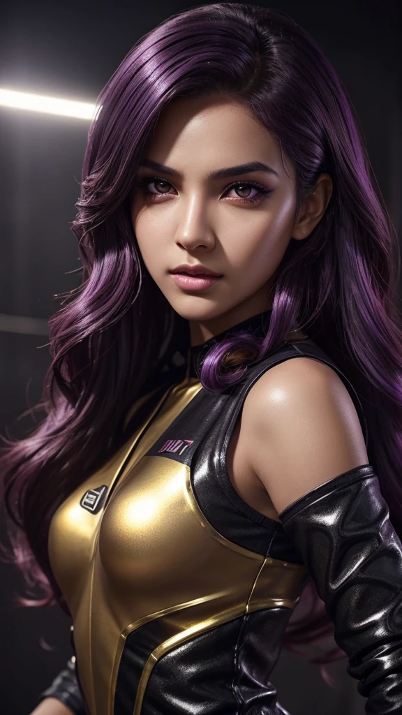 A cute girl with brown skin, sexy body, wavy purple hair [with shades of black], golden eyes (shiny), ultra realistic eyes, with a pistol, jumping, with sniper outfit, Valorant Riot game, round face, realistic lighting, Radiosity, Close UP.