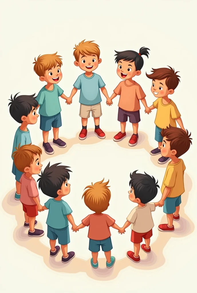 a children's circle with only boys a drawing with only colored outlines, without realistic features. at an angle seen from above. with pastel colored clothes