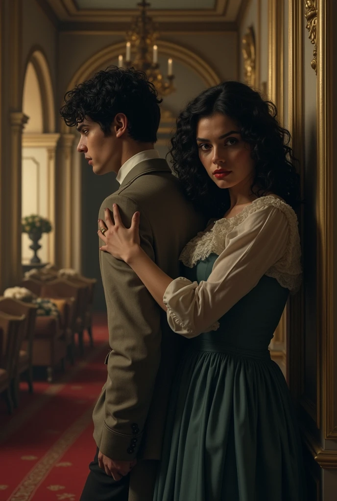 A young man with black hair and white skin hiding from a young white woman with curly black hair. Set in 1800 and the two rich men