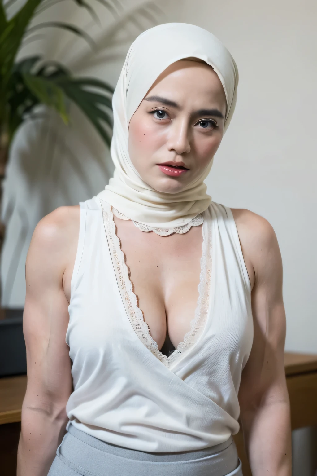 ((Pencil Skirt)), (Pencil Singlet), (Arm Muscles:1.6), ((Neck Lace)), ((6x-UltraSharp)), Milf Bitch, ((Singlet)), Straddling, ((Naked white)), ((Old Lady :1.6)), Very cute like a Matured Lady, ((Stylo Stylish Hijab)), adorable, 2 girl, 55 years old, baby face, shy, half body portrait, ((ANGRY FACE EXPRESSION)), (face details: 1), (eye details: 1), ((round large breasts, cleavage)). Cute posed. proportional body. Ultra High Res. (realistic: 2), UHD, Tiny breasts