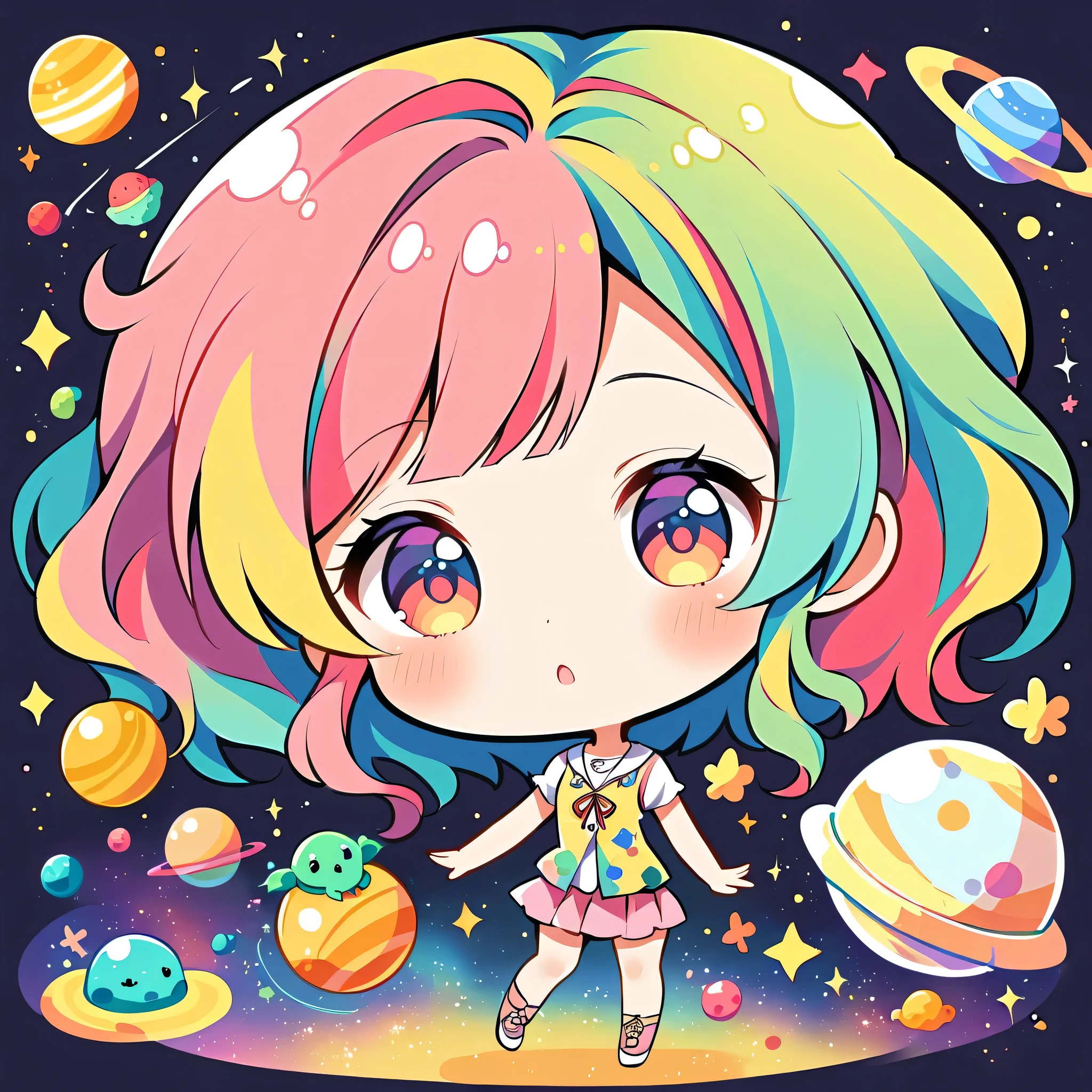 Momoko Sakura colorful style, Kawaii Design, most beautiful girl ever、chibi, (((Space Exploration))), Lots of cute aliens, Saturn in the background