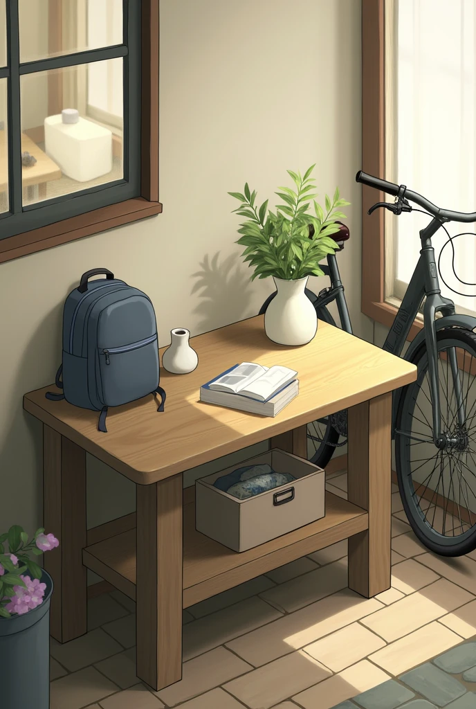 A table with a backpack and a vase on it and a bicycle leaning on the table