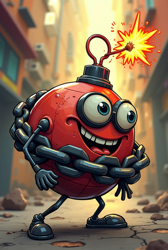 Animated bomb with motorcycle chain around it in a cartoon style
