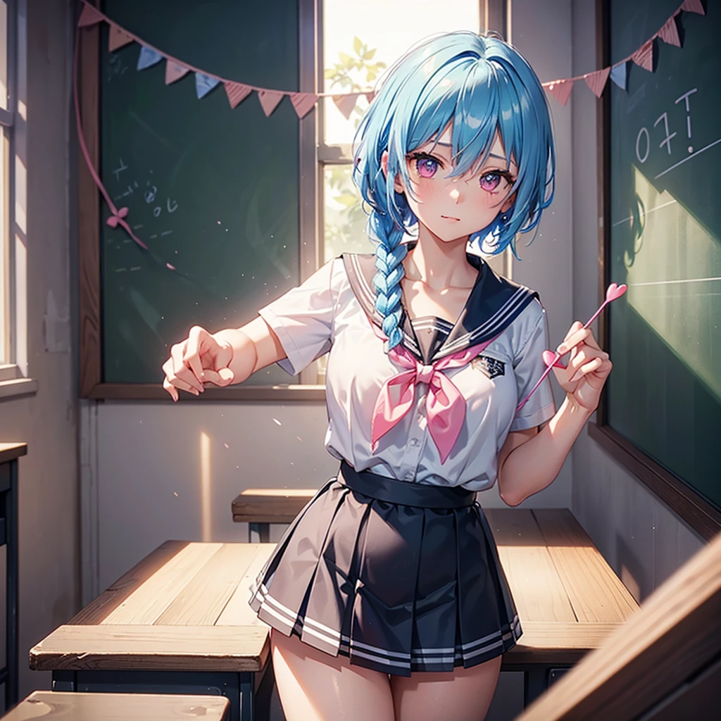 Sky blue hair,Braided short hair,Pink Eyes,Fair skin,whole body,one person,Embarrassed,The background is a school classroom,((I love you lettering on a blackboard)),Heart-shaped chocolate,(Hand it forward with both hands),Sailor suit,valentineday,masterpiece, Highest quality, Very detailed, Best Shadow,Detailed Background,Beautifully detailed face,High Contrast,Best lighting,Very delicate and beautiful,Cinematic Light,Hyper Detail,8k,Dramatic Light, Intricate details,