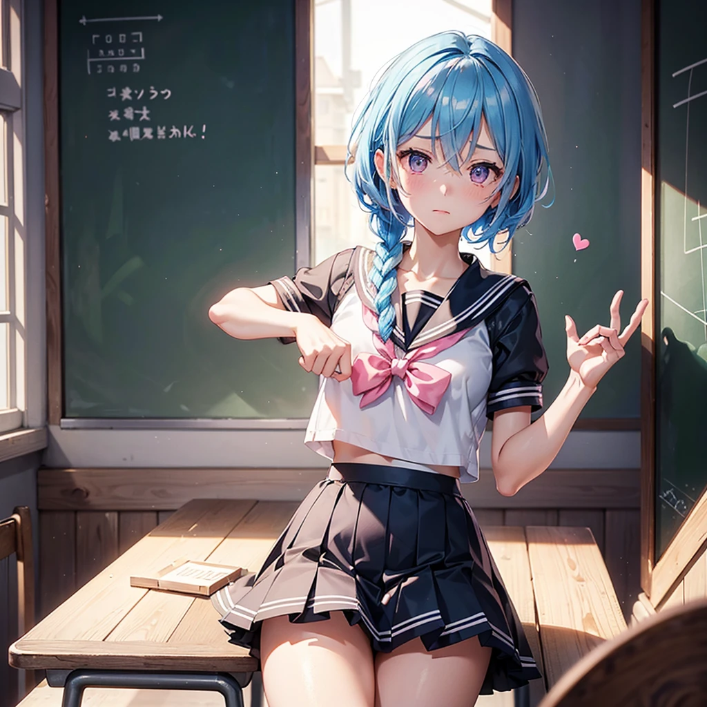 Sky blue hair,Braided short hair,Pink Eyes,Fair skin,whole body,one person,Embarrassed,The background is a school classroom,((I love you lettering on a blackboard)),Heart-shaped chocolate,(Hand it forward with both hands),Sailor suit,valentineday,masterpiece, Highest quality, Very detailed, Best Shadow,Detailed Background,Beautifully detailed face,High Contrast,Best lighting,Very delicate and beautiful,Cinematic Light,Hyper Detail,8k,Dramatic Light, Intricate details,