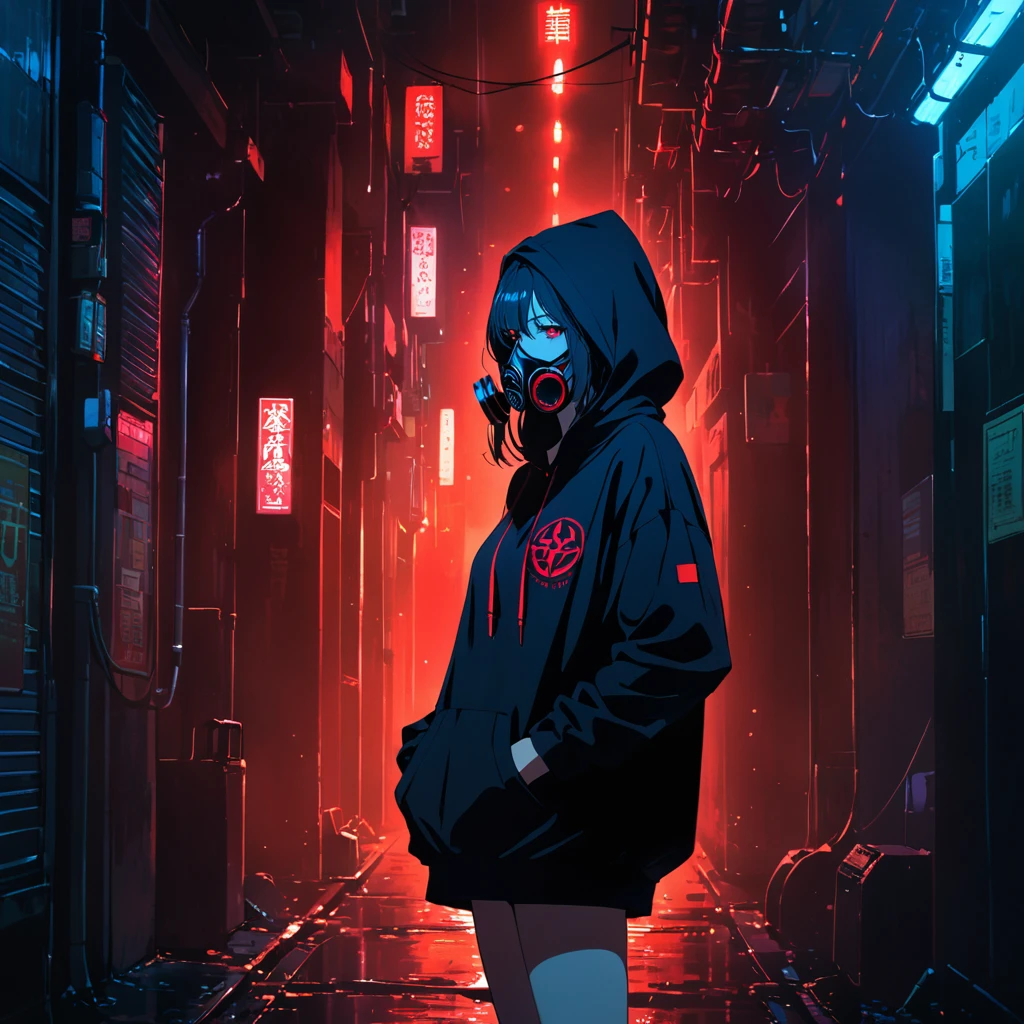 in a dark setting, a woman stands with her hands in her pockets, wearing an oversized hoodie and a gas mask. Her hoodie and sneakers have bright red neon accents, providing a subtle glow in the darkness. The woman's face is partially obscured by the gas mask and the hoodie, adding a mysterious atmosphere. The style of the illustration is anime.
redeyes high resolution, masterpiece, accurate, 最high quality, High detail, high quality, Very detailed, dark,longhair