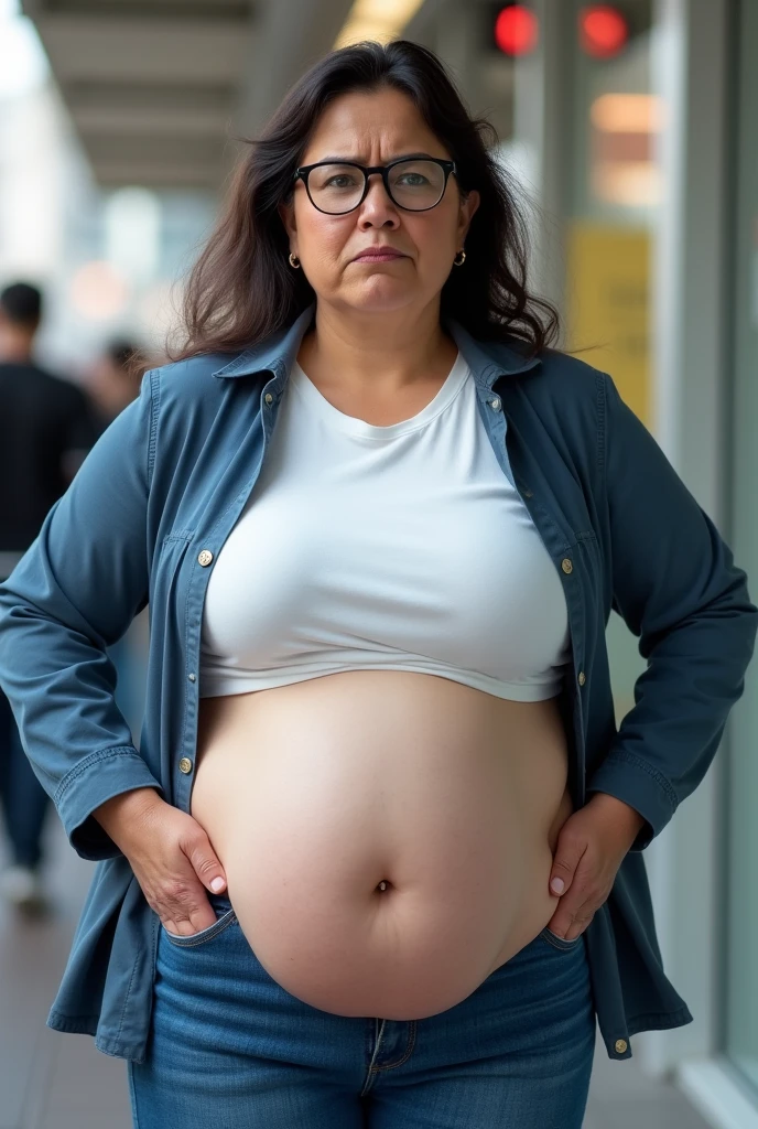(Best Quality), delgado, Alone, 1 futa, a middle-aged futanari woman. (Woman has a huge cock lump in her crotch with huge testicles.), causing a noticeable bulge in his jeans. She wears glasses and looks like a Karen. Annoyed and angry expression.. She wears blue jeans, a white shirt, a short blue jacket and black hair.
