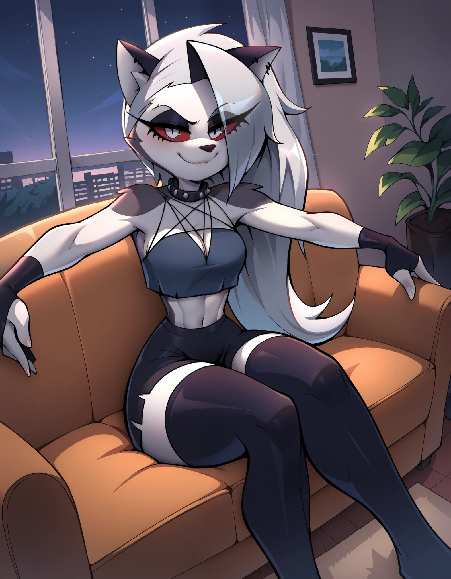 score_9,score_8_up,score_7_up, anime artwork, 2d, jizoku, Expressiveh, (source_anime), raytracing, rating_questionable, rating_safe, solo,1girl,mature female,milf,medium breasts,toned,furry,loona \(helluva boss\), indoors,apartment,living room,night,night sky, black miniskirt,black thighhighs,studded collar,dark blue crop top,fingerless gloves, absurdres, cowboy shot,looking at viewer,cute,attractive, eye contact,sitting,on couch,spread arms,smug, . anime style,vibrant,studio anime,highly detailed