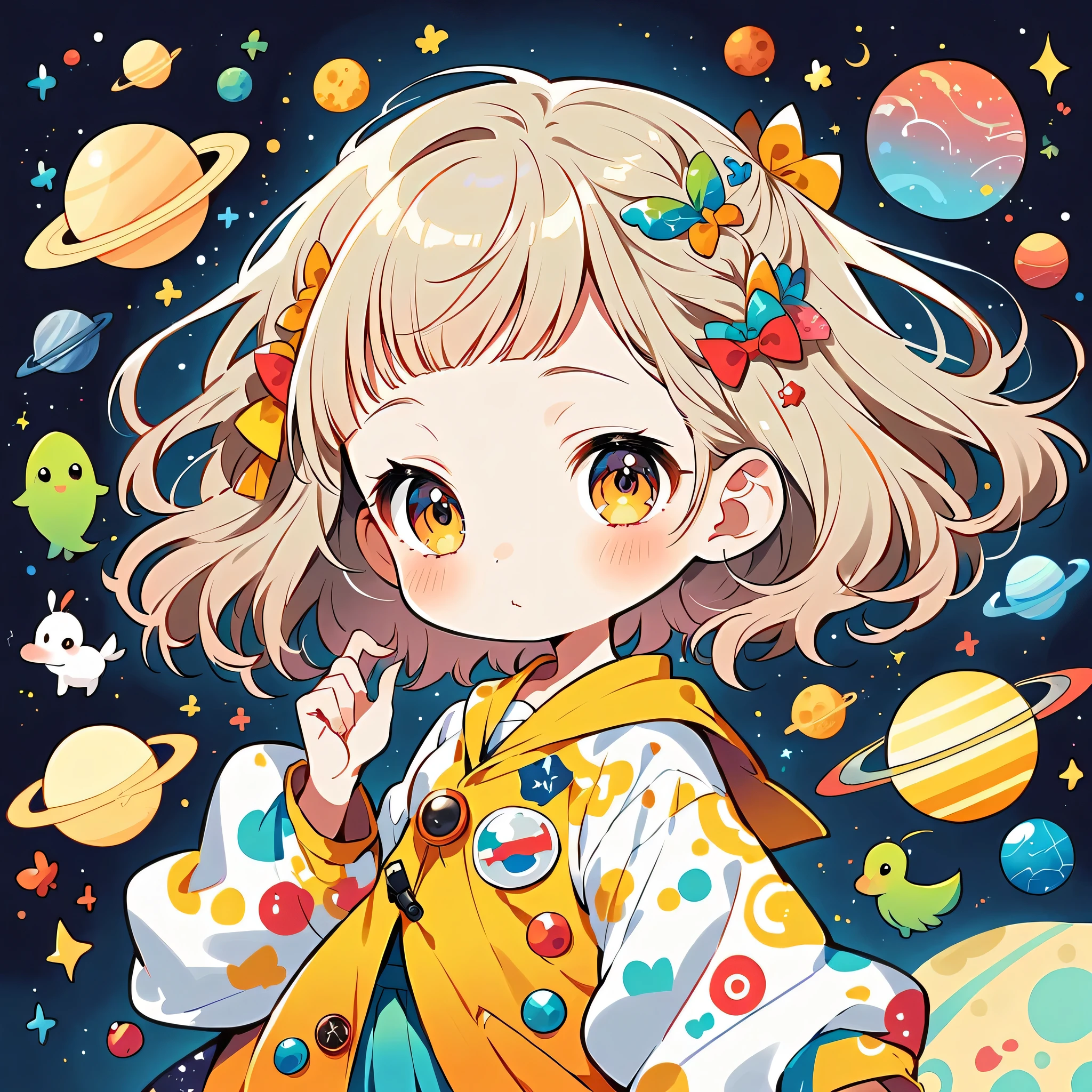 Mika Pikazo style, Kawaii Design, most beautiful girl ever、chibi, (((Space Exploration))), Lots of cute aliens, Saturn in the background