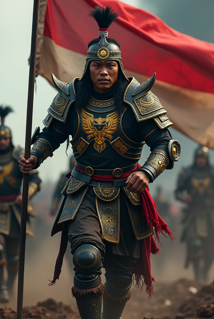 Details of the height of handsome Indonesian people. He wore black Javanese armor with gold and yellow decoration and a garuda head symbol in the middle of his chest and the words "bojes sambas". The headband is red and white. Black and gold belt. There are detailed carvings on all the clothes. He charged forward while carrying a flag (red and white). Dark Burning Warzone atmosphere, UHDR smoke, Super Realist
