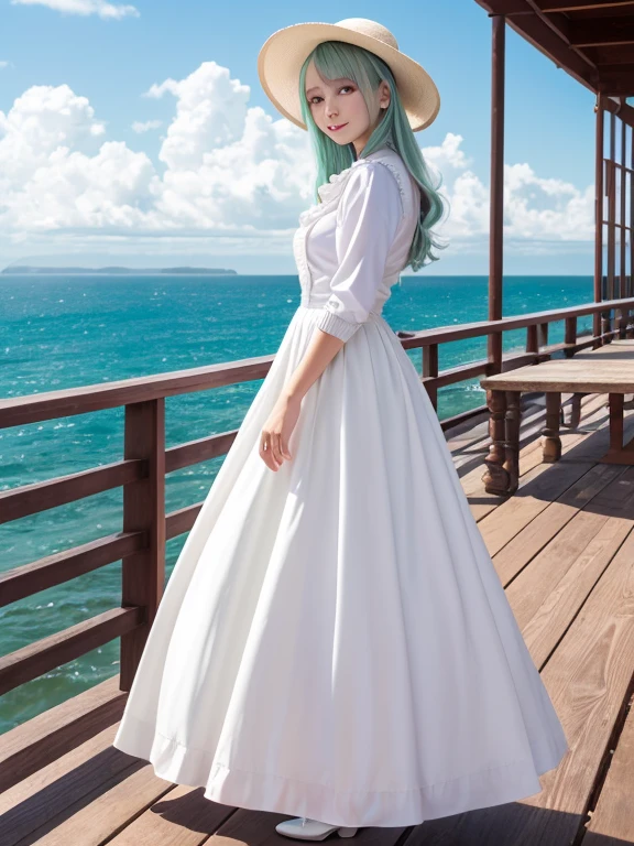 Pastel tones、High definition、Anime-like、Gentle Hills、You can see the ocean、High and blue sky、A shining white cumulonimbus cloud、Boardwalk、A young lady with silver hair and a half-green outfit, a long skirt and cardigan, wearing a wide-brimmed white hat, and a maid in a classical maid outfit wearing a bonnet