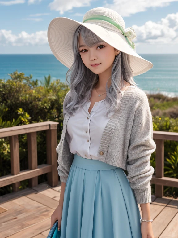Pastel tones、High definition、Anime-like、Gentle Hills、You can see the ocean、High and blue sky、A shining white cumulonimbus cloud、Boardwalk、A young lady with silver hair and a half-green outfit, a long skirt and cardigan, wearing a wide-brimmed white hat, and a maid in a classical maid outfit wearing a bonnet