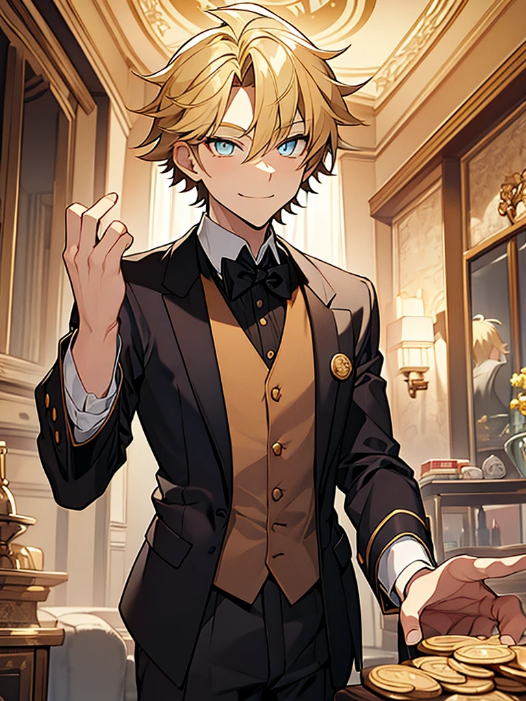 A boy, blond, with vibrant amber eyes, having a thin beard, a sarcastic smiling woman, wearing clothes, having a semi-suit or formal style exotic anime. he is messing with some coins. Elegant and at the same time a con artist