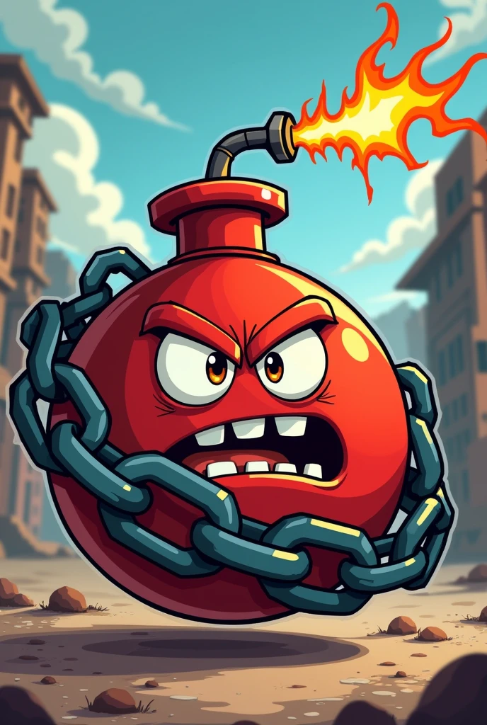Animated bomb with motorcycle chain around it in angry cartoon style