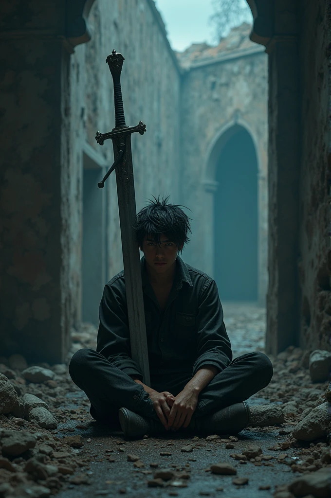 Create an image with a guy sitting on the floor with spiky hair and a list leaning against a broken wall he has a sword leaning on his shoulder that is bigger than him and the mood is night