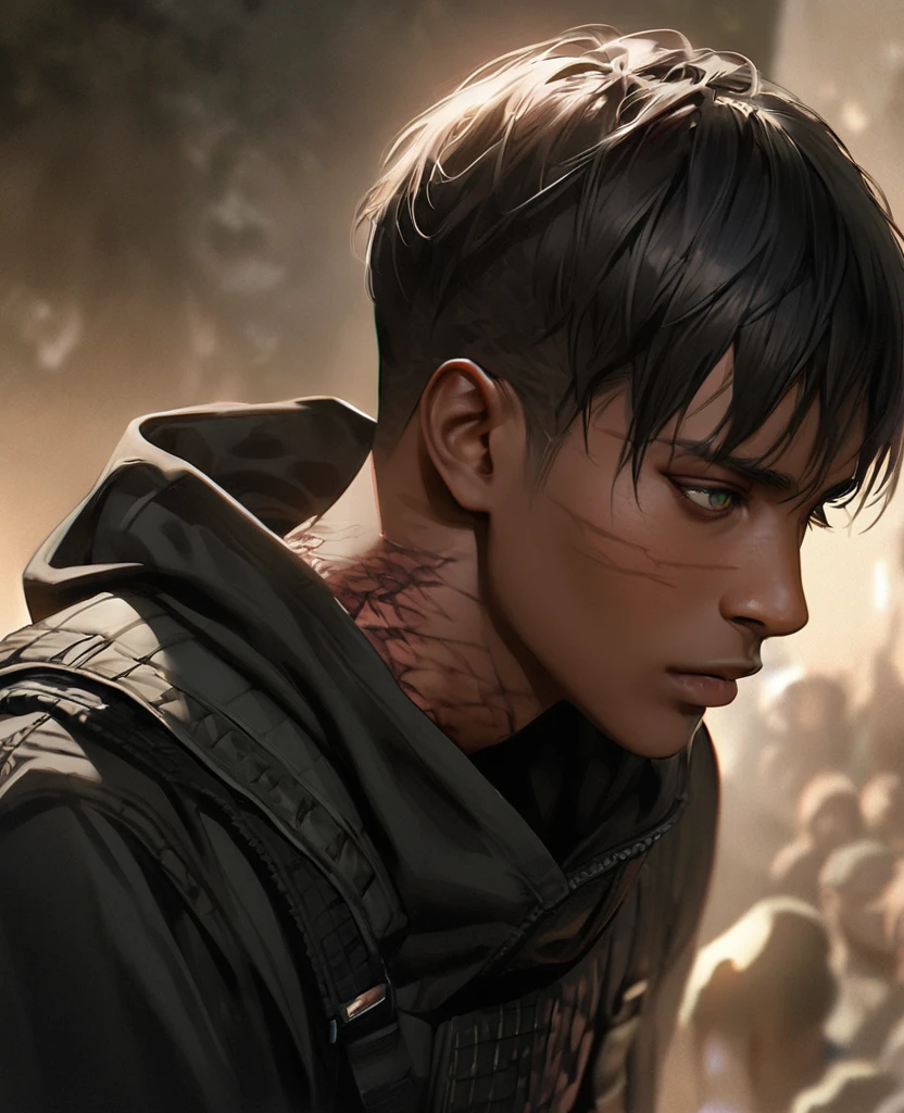 (Ultra detailed, realistic,), levi ackerman, character cry, Use bandages on face and hands, (Stitched wounds on cheeks and mouth), wearing a white shirt, the right eye  covered with a bandage, (scars on cheeks and mouth), realistic face, realistic body, realistic hair, detail face,