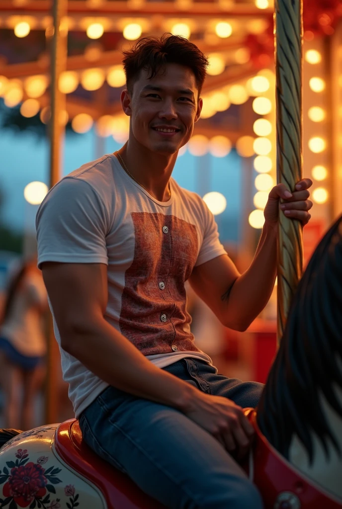 photorealistic, best quality, masterpiece, extremely detailed, sexy, homoerotic, extremely handsome, 25 year old vietnamese man, very muscular bodybuilder, fitted graphic print tshirt, tight jeans, big smile, happy, sitting on carousel horse merrygoround, at funfair carnival, at midnight, ambient lighting, dramatic shadows, extremely romantic atmosphere, perfect face, perfect fingers, perfect hands, perfection