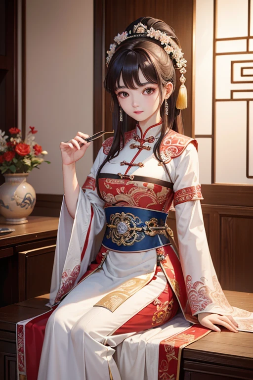 (Highest quality、 8k 、masterpiece、High resolution)、(Chinese Drama、Changgexing、Li Changge、Dililaba)、Tang Dynasty、Changan、1 Female、Rich man&#39;s daughter、(Princess of the royal family)、Anime Beauty、Peony floral costume on white background、Head ornament、Hairpin、Beautiful young person、blue eyes、smile、A fun pose、(背景は古いChanganの街並み、Tang Dynasty Buildings、Tang Dynasty Buildings)、Anime Art、Official Art、Detailed CG、