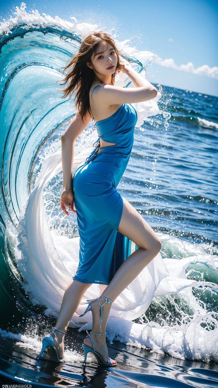 ,Highest quality,masterpiece,Ultra-high resolution,(Actual:1.4),Original photo,Ultra-high resolution,8k,There are also women,Fair skin,Exquisite makeup,Big waves,Turquoise Dress,High heels,Long legs,Bright and beautiful,Exposing her ass,Enjoy the beautiful splashes of water on your body,Soaking wet