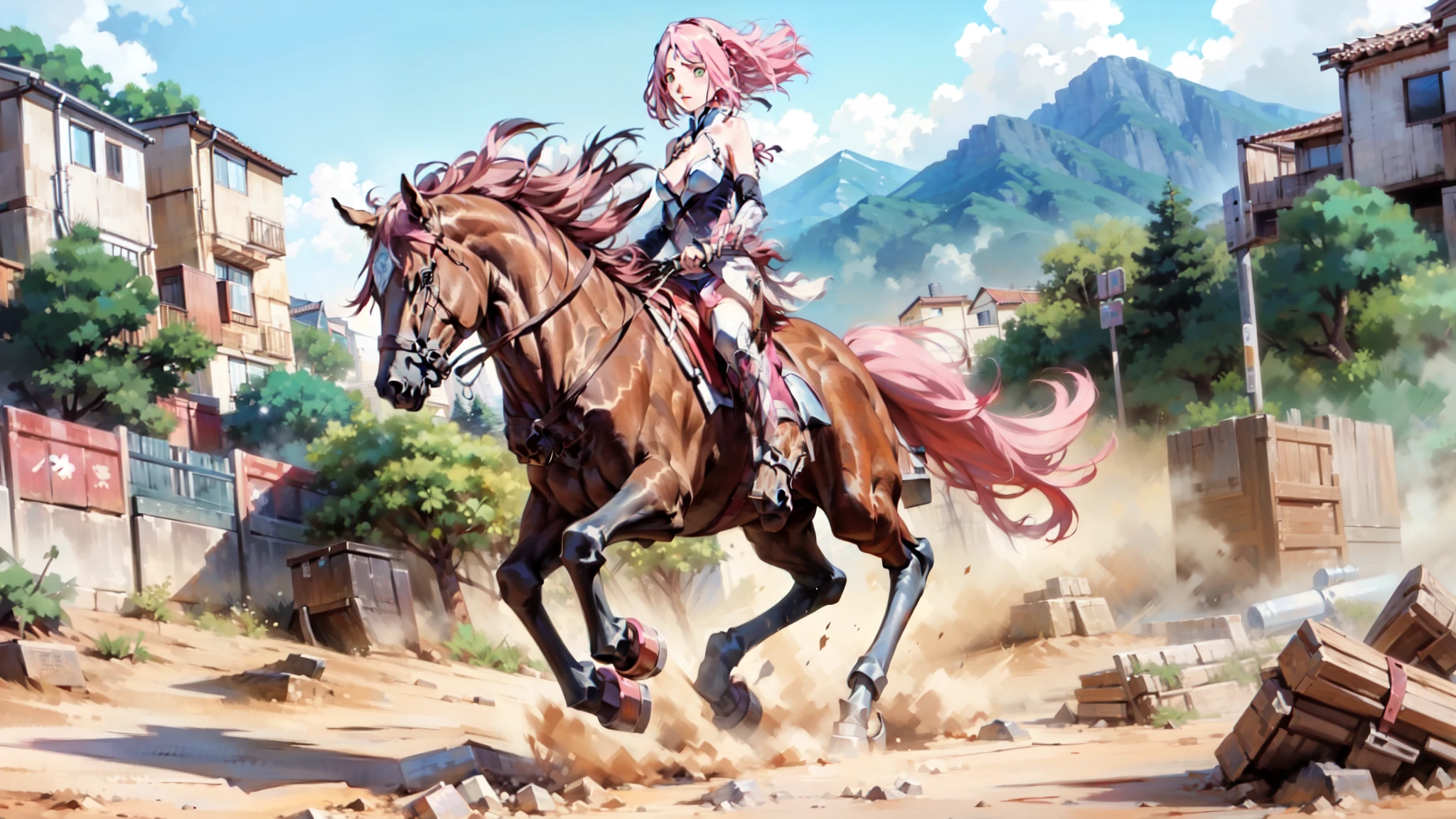 ((best quality)), ((anime masterpiece)), (high detailed), 8k, cinematic lighting, anime screencap, HDR, vivid color, sakura haruno riding a BROWN HORSE, (haruno sakura, medium hair, {pink hair}, medium breast, cleavage), determined face, (red armor, red gauntlet, red miniskirt, red boots), mountains, outdoor, open field, ((from side: 1.2)), anatomically correct