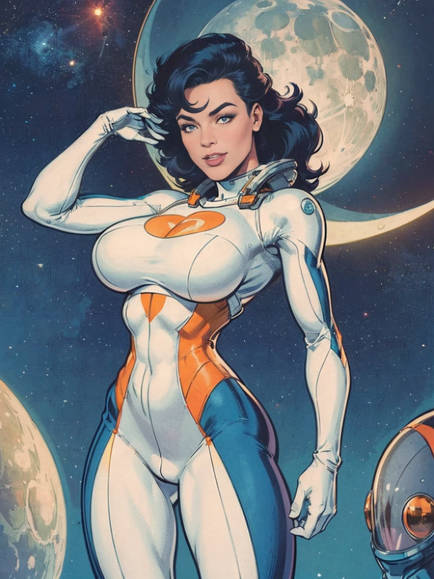 (masterpiece, top quality, best quality, official art, beautiful and aesthetic:1.2), (1girl:1.3), light freckles, fair skin, extremely detailed, portrait, looking at viewer, solo, (full body:0.6), detailed background, close up, (bright space pinup theme:1.1), busty 1950's pinup brunette space girl, charlatan, smiling, happy, mysterious, spacewalk, modest attire, white and orange space suit, spacesuit, helmet, bodysuit, ray gun, long boots, pouches, jetpack, glass helmet, rocket ship, ((((narrow hips, slim sexy body, gigantic breasts)))), slim waist, slim hips, long legs, futuristic (moon exterior:1.1) background, dark mysterious lighting, shadows, magical atmosphere, dutch angle,