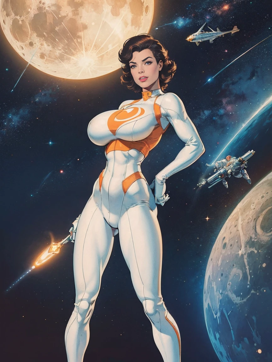 (masterpiece, top quality, best quality, official art, beautiful and aesthetic:1.2), (1girl:1.3), light freckles, fair skin, extremely detailed, portrait, looking at viewer, solo, (full body:0.6), detailed background, close up, (bright space pinup theme:1.1), busty 1950's pinup brunette space girl, charlatan, smiling, happy, mysterious, spacewalk, modest attire, white and orange space suit, spacesuit, helmet, bodysuit, ray gun, long boots, pouches, jetpack, glass helmet, rocket ship, ((((narrow hips, slim sexy body, gigantic breasts)))), slim waist, slim hips, long legs, futuristic (moon exterior:1.1) background, dark mysterious lighting, shadows, magical atmosphere, dutch angle,