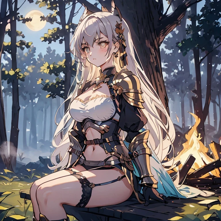 full_body,armor_bikini,armor_gloves,armor_boots,garter_belt,necklace,earrings,pubic_tatoo,moonlight,starlight,forests,stary_sky,beautiful_sky,beautiful_forests,fog,blush,night,campfire,sitting_on_chair,beautiful_black_and_bronde_multicolored_hair,beautiful_yellow_eyes,1_beautiful_girl,cute_face,pretty_face,beautiful,perfect_quality,perfect_anatomy,perfect_body,masterpiece,