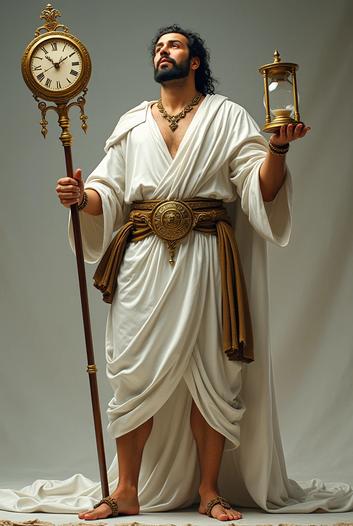 Masculine playful personification of time, White tunic, staff with clock, golden ornaments, hour glass, Roman numerals