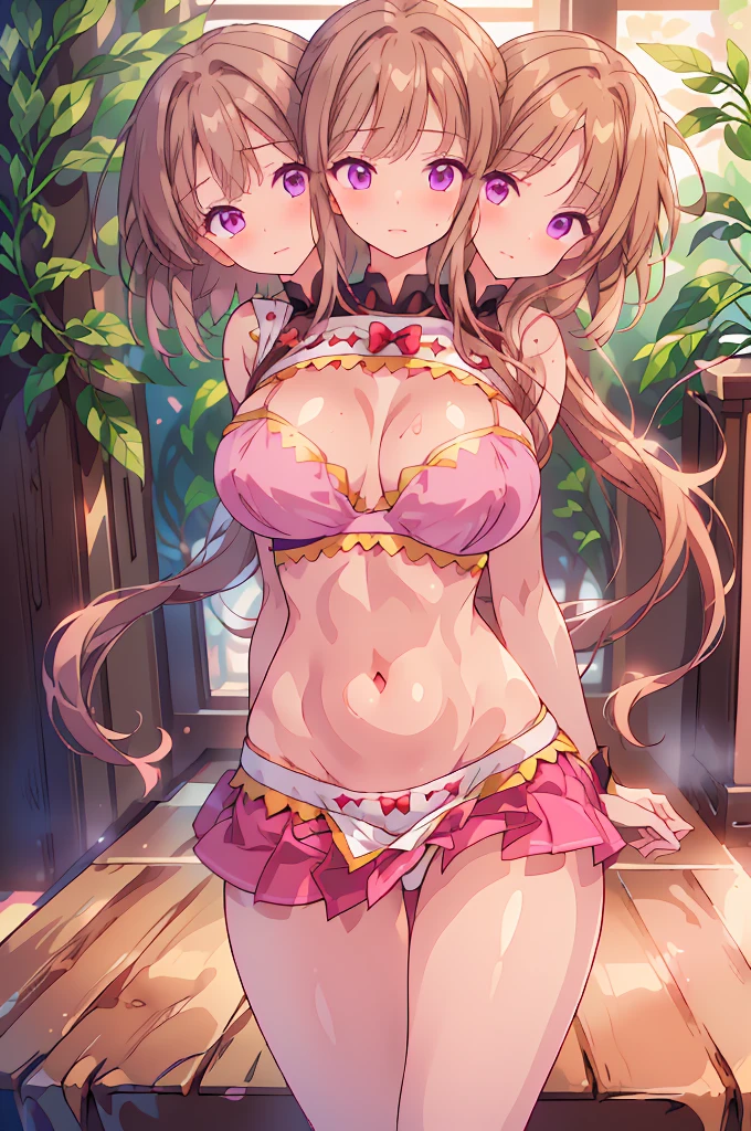 (masterpiece, best quality), best quality, (ultra-detailed), (3heads:1.5), 1girl, (nishida satono:1.3), masterpiece, best quality, ultra quality, ultra resolution, ultra detail, pink top, crop top, ((stomach)), midriff, ((groin)), pink skirt, normal ears, shackles, light ginger hair, (same hair color), very long hair, wavy hair, sidelocks, purple eyes, parted lips, smiling, sweat, cute, toned belly, hand on own chest, eyelashes, (24 year old woman:1.3), (masterpiece:1.5), (best quality:1.5), (beautiful detailed), extremely detailed CG, extremely delicate and beautiful, depth of field, (finely detailed face), (perfect details:1.2), (mature female:1.3), wide pelvis, slender, large veiny breast, 16k resolution, highres, very high quality, very high definition, extremely detailed, masterpiece, light ginger hair, long hair, alluring presence, braid, short skirt, close up, very big tits, huge breasts, young, girl with three heads, three headed girl,