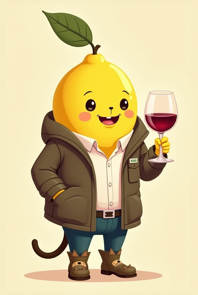  A cartoon lemon dressed in a jacket and cat boots and a glass of wine