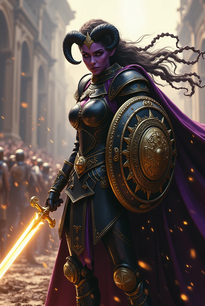 ((portrait, upper torso, armored female paladin, battle worn gloss black lacquered armor:1.4, gold filigree, etched, gold cloak, (((((purple skin Tiefling, black ram horns))), [glossblack hair:dark hair:0.8]))), heterochromia purple eye, gold eye, blackout eyeshadow, iron tiara), braids, (((glowing radiant white star engraved sword, shield, sparks, windy))), outdoor, intense sunlight, background crowded arena, dynamic battle pose
