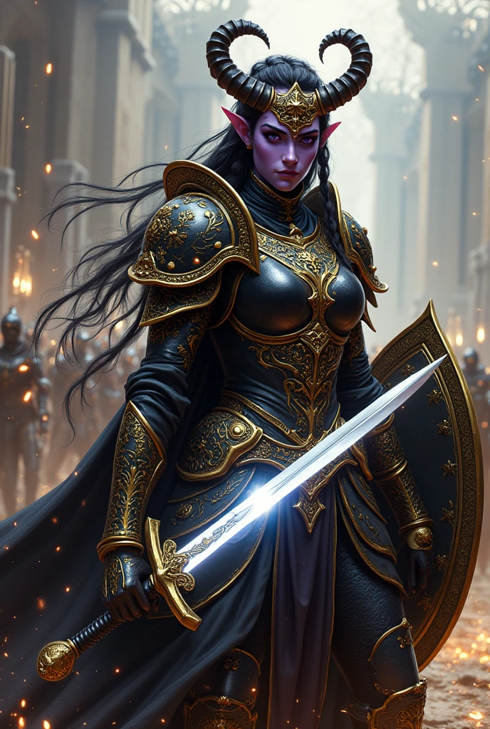 ((portrait, upper torso, armored female paladin, battle worn gloss black lacquered armor:1.4, gold filigree, etched, gold cloak, (((((purple skin Tiefling, black ram horns))), [glossblack hair:dark hair:0.8]))), heterochromia purple eye, gold eye, blackout eyeshadow, iron tiara), braids, (((glowing radiant white star engraved sword, shield, sparks, windy))), outdoor, intense sunlight, background crowded arena, dynamic battle pose
