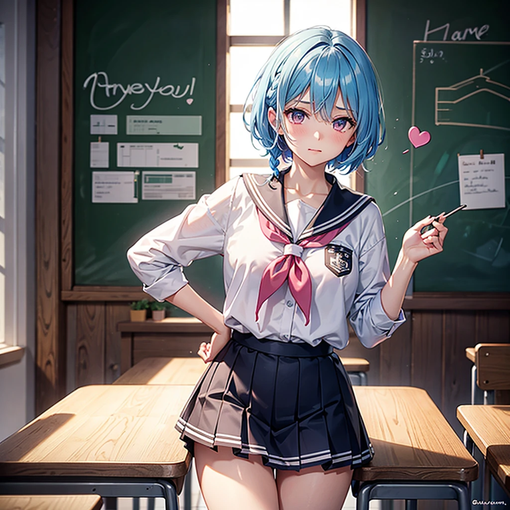 Sky blue hair,Braided short hair,Pink Eyes,Fair skin,whole body,one person,Embarrassed,The background is a school classroom,((I love you lettering on a blackboard)),Heart-shaped chocolate,(Hand it forward with both hands),Sailor suit,valentineday,masterpiece, Highest quality, Very detailed, Best Shadow,Detailed Background,Beautifully detailed face,High Contrast,Best lighting,Very delicate and beautiful,Cinematic Light,Hyper Detail,8k,Dramatic Light, Intricate details,