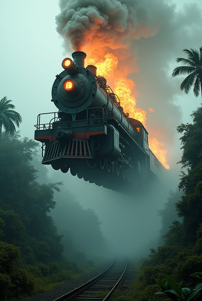 (Photo realism) vapor train, without rails, on fire, stranded on a tropical island, outdoors, soft lighting, plants in background, realistic, intricate details, cold colors