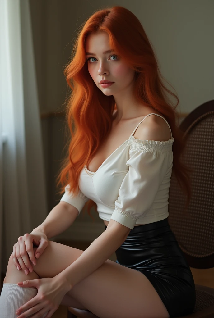 ultra realistic, photography, long red hair, 24 years old, hourglass figure, perfect body, natural medium breasts, seductive look, wearing a tight Dirndl dress with a nice cleavage, she is wearing white thigh high stockings, she is outside in a courtyard, on a sunny day, posing sexy, she is sitting on a chair and has her legs crossed, she is leaning on her thigh with her elbow and her head ist resting on her hand