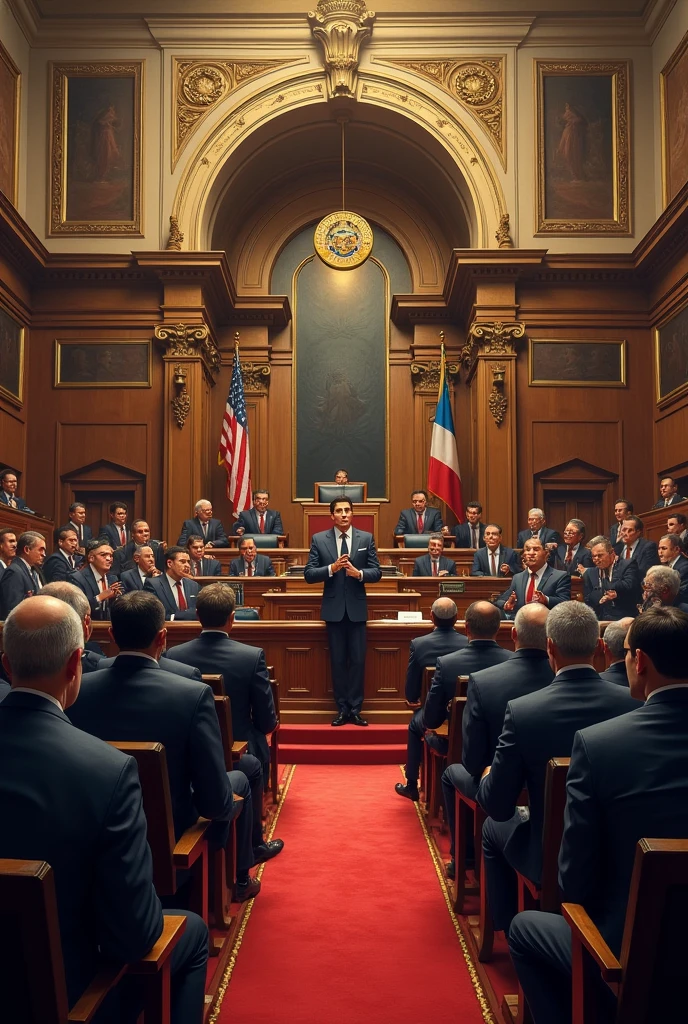 4 man talking in meeting table , united states Flag , world war two time