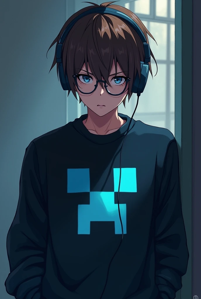Serious and mysterious anime gamer boy, not so cute with headphones and brown hair, that her black Minecraft-themed sweater with a light blue and blue gradient and glasses
