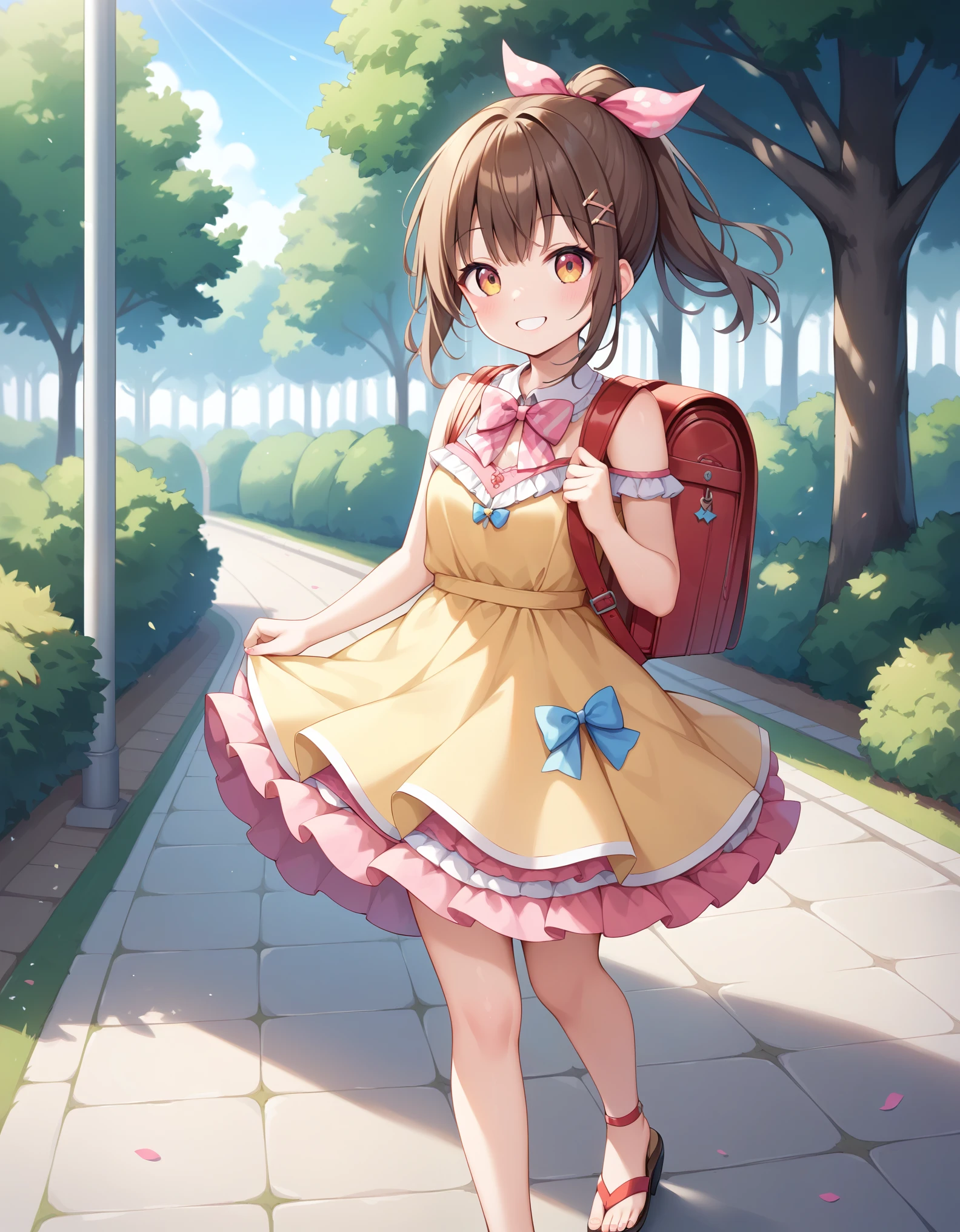Masterpiece, hd, 1girl, cute girl, brown hair, smile, ponytail, hair ribbon, wearing cute dress, frilled dress,party dress,party costume, colorful dress, bare shoulder, bowtie, standing, outdoor, park, smile, wearing school backpack, red backpack, wearing sandals, fullbody, walking
