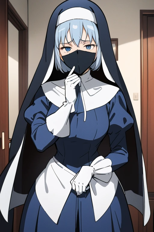 Mature women, nun, blue nun outfit, puffy sleeves, blue cape ,blue long skirt, white gloves, long deep black veil, vail cover her face,(look at viewer), vail mask covered face, (perfect skin),(no emotion ), anime, room, standing 