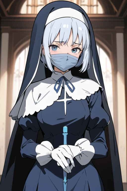 Mature women, nun, blue nun outfit, puffy sleeves, blue cape ,blue long skirt, white gloves, long deep black veil, vail cover her face,(look at viewer), vail mask covered face, (perfect skin),(no emotion ), anime, room, standing