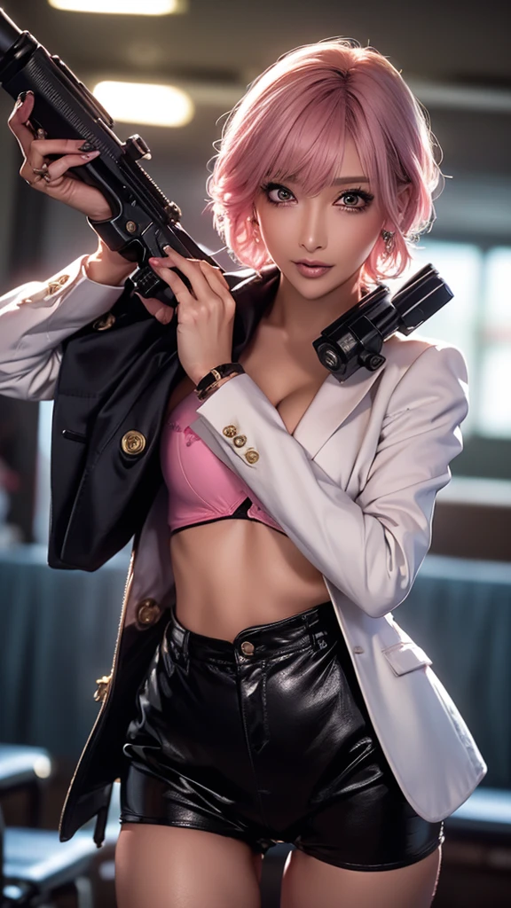 (Highest quality), Realistic, (live-action),(Short Hair,Sharp bangs)Showing off your crotch,Highest quality,Highest quality,8k images,Pink Hair,High heels,school uniform,(破れたschool uniform)Small face,((Big Breasts))Open legs and show panties,(((Holding a gun,Hold the gun you have:1.4))),