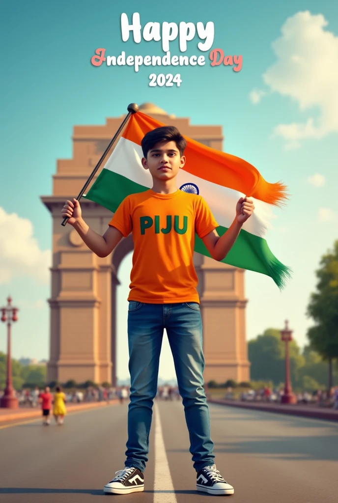 A real 20 years old boy, Wearing Orange T shirt blue jeans sneakers and the name "PIJU" is written on his t-shirt and the boy is standing on the road with holding a national flag of India, and behind him is the India gate Delhi. And "Happy Independence Day 2024" written at above sky Create Realistic image high quality