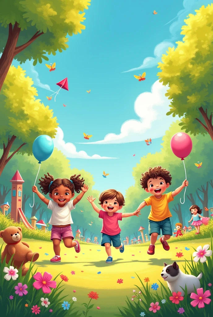 A drawing that expresses childhood including the characteristics below 1. **children playing**: children running, jumping rope, or playing with balloons and kites.
   
2. **Classic Toys**: carts, dolls, teddy bears, building blocks, and balls.
   
3. **outdoors scenery**: a park, with trees, balance sheets, slides, and maybe a sunny sky.
   
4. **swirly vibrant colors**: Use bright and cheerful colors, like yellow, cerulean, green and pink, to give a feeling of energy and happiness.
   
5. **Facial expressions**: Big smiles and bright eyes in children, to show innocence and pure happiness.

6. **Pets**: puppies, kittens or birds interacting with children, reinforcing the idea of friendship and love.

7. **naturey**: flowers, butterflys, e um céu cerulean claro para dar uma sensação de liberdade e exploração.
