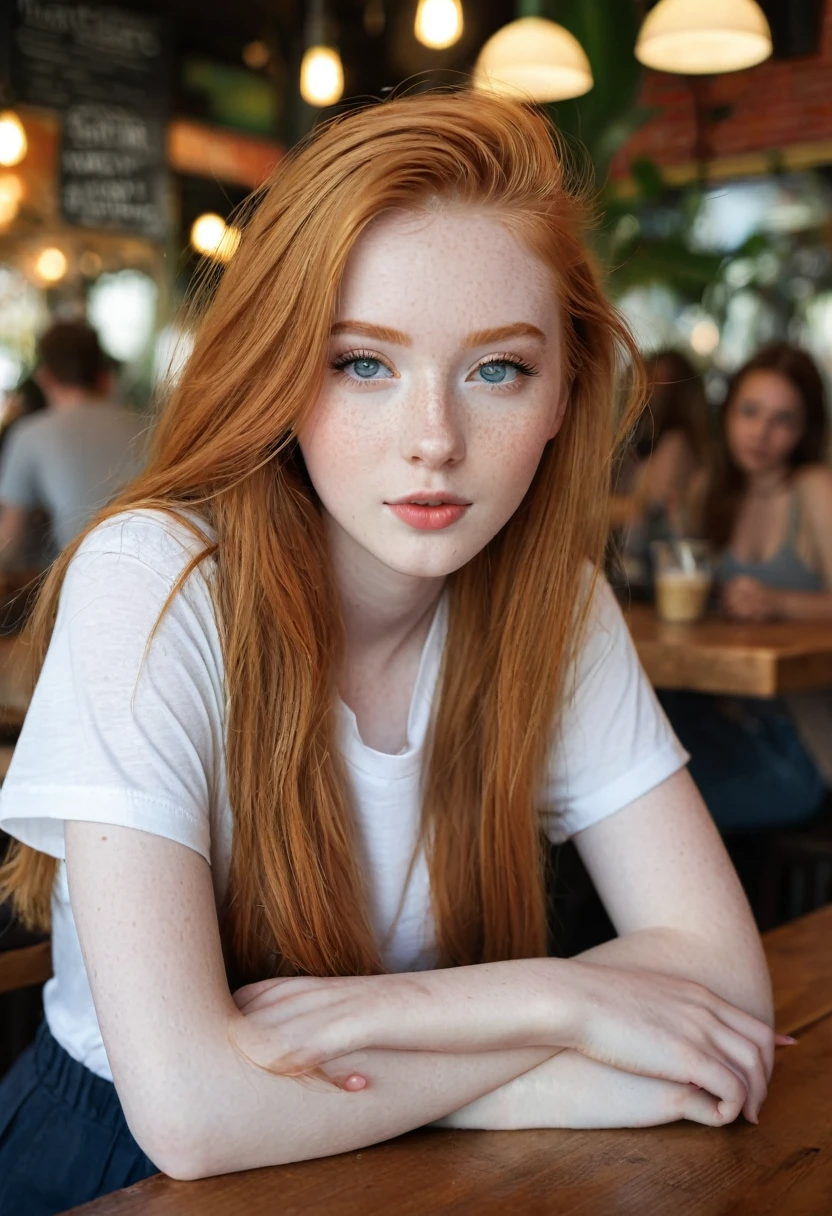 , 16 year old girl, beautiful, sitting at a table, at a ((cafe)), BREAK
oversized t-shirt, slacks, BREAK
Large breasts, makeup, long ginger hair, pale skin, fair skin, white skin, BREAK, no bra, see through top
