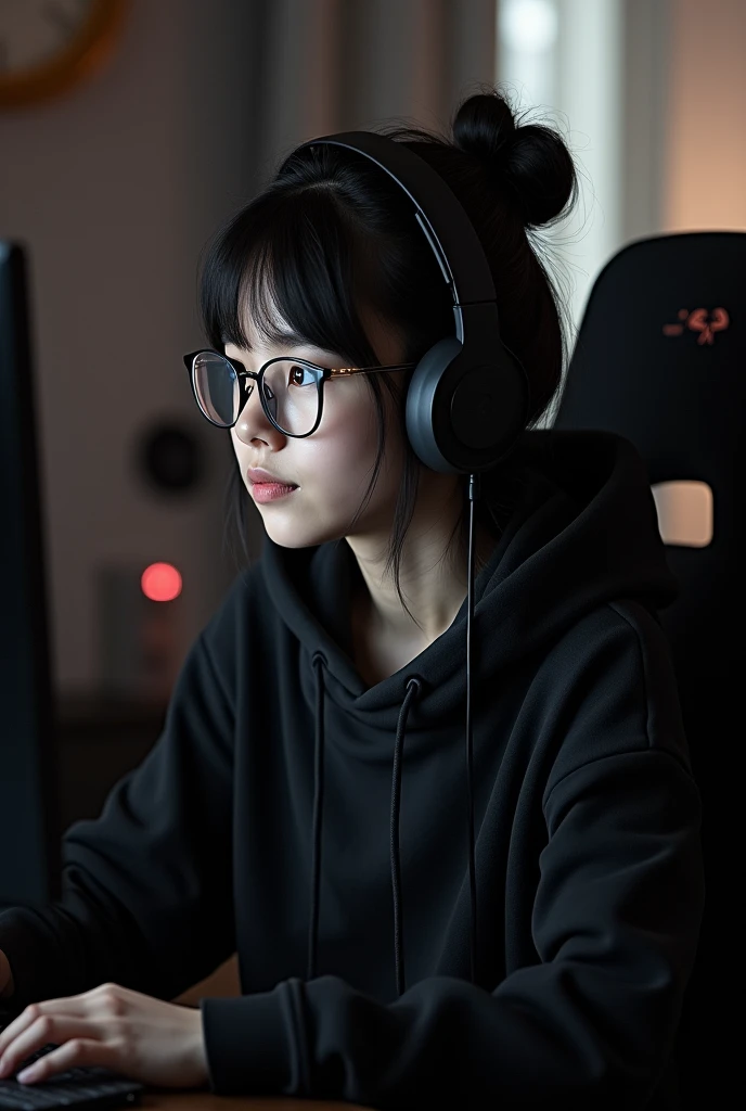 A 18 years old girl with glasses and wear black hoodie and headphone and sitting on yt 
studio chair.